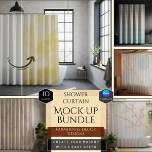Puede incluir: Un paquete de maquetas de cortinas de ducha con varios diseños. La imagen principal muestra una cortina con estampado blanco y amarillo en un baño. Imágenes adicionales muestran diferentes estilos, incluyendo patrones florales y abstractos. El texto en la imagen dice "Shower Curtain Mock Up Bundle".