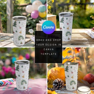 May include: Four images of a white stainless steel tumbler with a Christmas-themed design. The tumbler features a repeating pattern of green Christmas trees, red ornaments, bells, and the words "Ho Ho Ho".