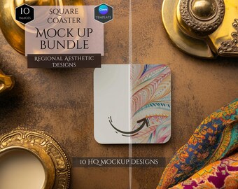 Square Coaster Mockup Bundle -10 Regional Aesthetic Designs Mockup -Customizable Home Decor -HQ Mockups -Decoration Mockups -Canva Template