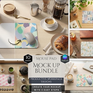Può includere: Una collezione di tappetini per mouse con vari design, tra cui floreali, astratti e a pois, presentati in un pacchetto di mockup. L'immagine mostra i tappetini per mouse in un ambiente di lavoro, insieme a un mouse per computer, caffè e pasticcini. Il testo sull'immagine dice "MOUSE PAD MOCK UP BUNDLE".