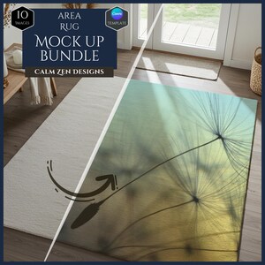 May include: A rectangular area rug mockup bundle featuring a digital graphic of dandelion seeds on a gradient background transitioning from light teal to warm yellow. The image includes text overlays reading 10 IMAGES, AREA RUG MOCK UP BUNDLE, and CALM ZEN DESIGNS.