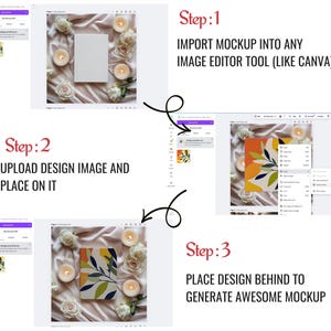 May include: A step-by-step guide on how to create a mockup using a design image and a blank book cover. The image shows a computer screen with a design program open, and the steps are listed below the image.