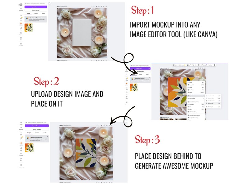 May include: A step-by-step guide on how to create a mockup using a design image and a blank book cover. The image shows a computer screen with a design program open, and the steps are listed below the image.