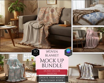 Może przedstawiać: Cyfrowy zestaw dziesięciu makiet tkanych koców z różnymi wzorami i frędzlami. Tekst głosi: 10 IMAGES, WOVEN BLANKET MOCK UP BUNDLE, HOME DECOR DESIGNS, CREATE YOUR MOCKUP WITH 3 EASY STEPS oraz zawiera ikonę logo Canva.