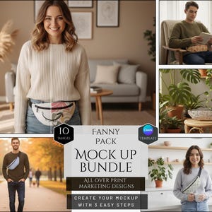 Può includere: Un pacchetto mockup con più immagini di persone che indossano marsupi. I marsupi hanno vari design. Il testo sull'immagine dice "FANNY PACK MOCK UP BUNDLE" e "ALL OVER PRINT MARKETING DESIGNS". L'immagine dice anche "CREATE YOUR MOCKUP WITH 3 EASY STEPS".
