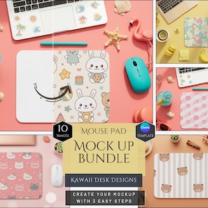 May include: A collection of mouse pads with various kawaii designs, including bunnies, bears, and cat faces, displayed on a pink surface. The image also features a laptop, a computer mouse, and decorative items like seashells and a flamingo.