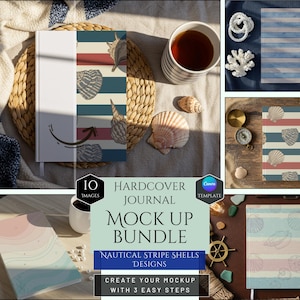 Puede incluir: Un paquete de maquetas de diarios de tapa dura con diseños de conchas a rayas náuticas. Los diarios presentan una cubierta blanca y una cubierta estampada con rayas azules, rojas y beige e ilustraciones de conchas marinas. La imagen incluye una taza de café y conchas.