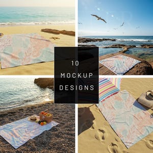 May include: Ten beach towel mockup designs featuring different beach scenes. The towels are white with a light pink and blue floral pattern. Some scenes include a beach hat, sunglasses, a basket of fruit, and a beach umbrella.