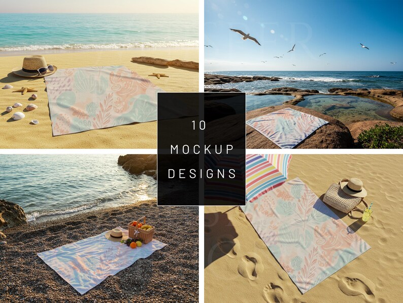 May include: Ten beach towel mockup designs featuring different beach scenes. The towels are white with a light pink and blue floral pattern. Some scenes include a beach hat, sunglasses, a basket of fruit, and a beach umbrella.