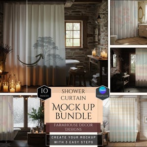 May include: A mockup bundle of shower curtains with farmhouse decor designs. The image shows various shower curtain designs, including one with a tree silhouette. The text on the image says "Shower Curtain Mock Up Bundle" and "Create your mockup with 3 easy steps."