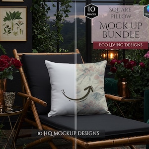 May include: A square pillow mock-up with a white side and a floral pattern side, with a brown arrow design. The pillow is on a black cushion of a bamboo chair. The image includes text that says "SQUARE PILLOW MOCK UP BUNDLE ECO LIVING DESIGNS".
