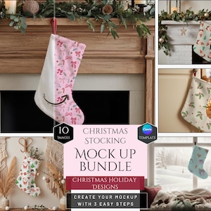 May include: A Christmas stocking with a pink and white design, hanging from a wooden mantel. The stocking features bows and candy canes. The image also includes other Christmas stocking designs and text that reads "Christmas Stocking Mock Up Bundle".
