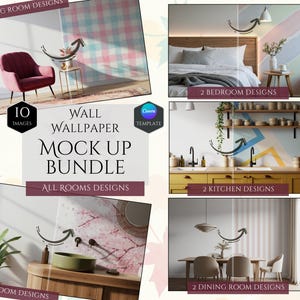 Puede incluir: Un paquete de maquetas que muestra conceptos de diseño de interiores para varias habitaciones, incluyendo salones, dormitorios, cocinas, baños y comedores. La imagen presenta múltiples diseños de habitaciones con muebles y decoración, con el texto "Wall Wallpaper Mock Up Bundle".
