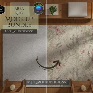 May include: An overhead shot of a mock-up bundle featuring two area rug designs. One rug is a solid light gray, the other has a floral pattern with pink and green accents. The text reads "AREA RUG MOCK UP BUNDLE" and "ECO LIVING DESIGNS".