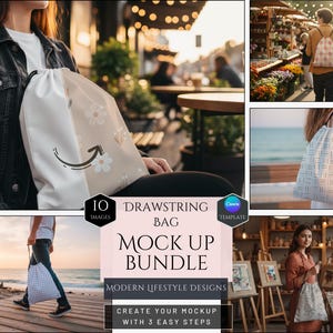 May include: A drawstring bag mockup bundle with multiple lifestyle design images. The bags feature floral and geometric patterns. The text on the image says "10 Images, Drawstring Bag, Mock Up Bundle, Modern Lifestyle Designs, Create Your Mockup With 3 Easy Steps."