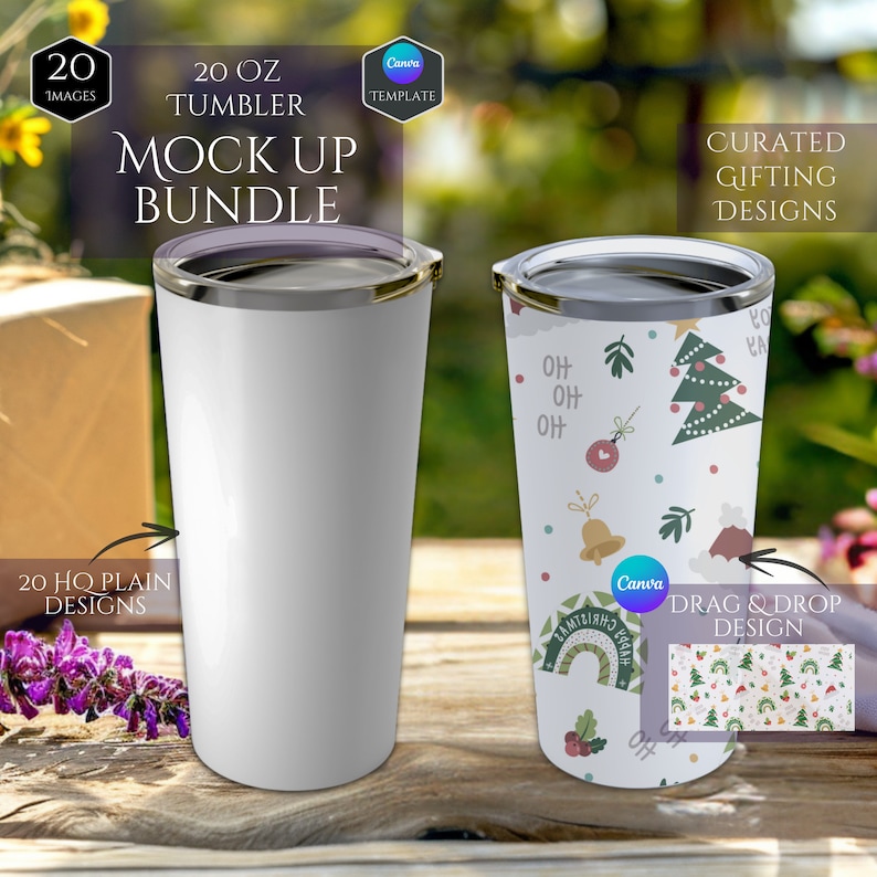 May include: Mockup of a 20 ounce tumbler with a white background and a Christmas themed design. The design features a green Christmas tree, red ornaments, bells, and the words "Oh Oh Oh".