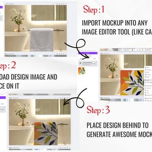 K&ouml;nnte beinhalten: Eine Schritt-f&uuml;r-Schritt-Anleitung zum Erstellen eines Mockups mit einem Designbild und einem Mockupbild in einem Bildbearbeitungsprogramm. Die Schritte sind: 1. Mockup in ein beliebiges Bildbearbeitungsprogramm importieren (z. B. Canva). 2. Designbild hochladen und darauf platzieren. 3. Design dahinter platzieren, um ein beeindruckendes Mockup zu erstellen.