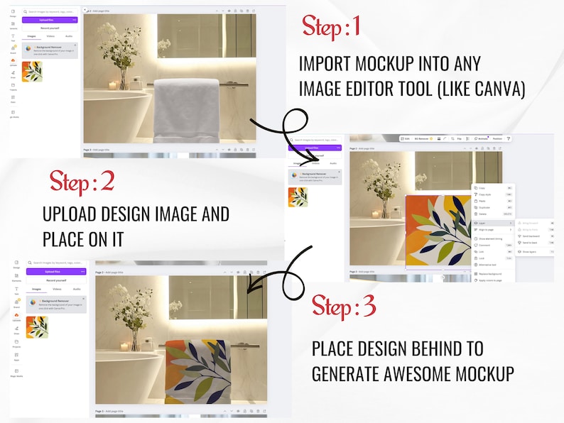 K&ouml;nnte beinhalten: Eine Schritt-f&uuml;r-Schritt-Anleitung zum Erstellen eines Mockups mit einem Designbild und einem Mockupbild in einem Bildbearbeitungsprogramm. Die Schritte sind: 1. Mockup in ein beliebiges Bildbearbeitungsprogramm importieren (z. B. Canva). 2. Designbild hochladen und darauf platzieren. 3. Design dahinter platzieren, um ein beeindruckendes Mockup zu erstellen.