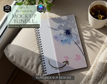 Spiral Notebook Mockup Bundle -10 Personal Growth Design Mockups -Customizable Mockup -Full Wraparound Print Notebook Mockup -Canva Template
