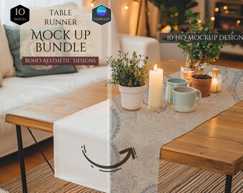 Table Runner Mockup Bundle -Boho Aesthetic Design Mockups -10 Mockup Designs -Customizable Bohemian Decor -Decoration Mockup -Canva Template