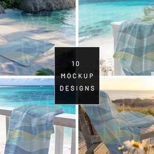 K&ouml;nnte beinhalten: Ein Set mit 10 Strand-Mockups mit einer blau-wei&szlig; gestreiften Wolldecke. Die Mockups zeigen die Decke am Strand, auf einem Stuhl und auf einem Holzdeck.