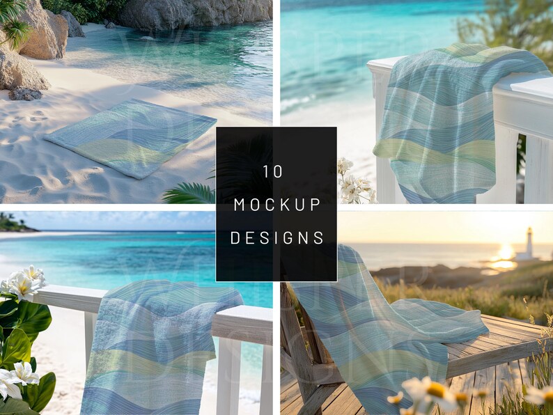 K&ouml;nnte beinhalten: Ein Set mit 10 Strand-Mockups mit einer blau-wei&szlig; gestreiften Wolldecke. Die Mockups zeigen die Decke am Strand, auf einem Stuhl und auf einem Holzdeck.