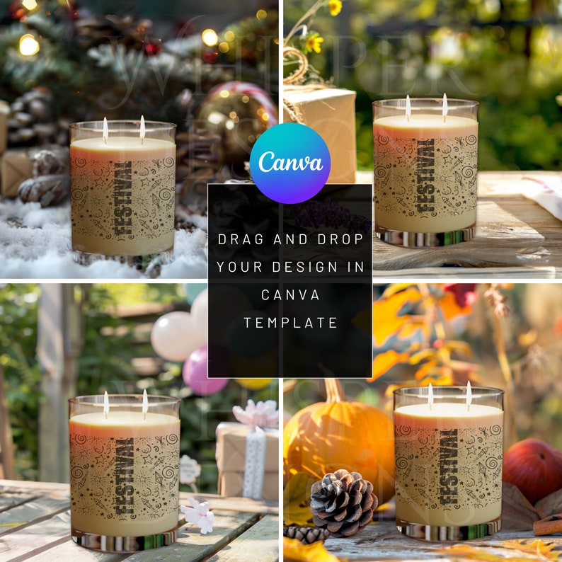 May include: A clear glass candle jar with two wicks and a light tan wax fill. The exterior features the word FESTIVAL printed vertically in black, surrounded by small black line art illustrations of stars, swirls, and various festive shapes.