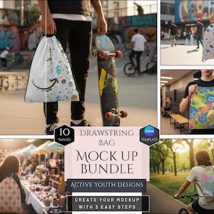 May include: A collection of drawstring bags with various designs, including sports-themed and abstract patterns. The bags are shown in different settings, such as a skate park and a market. The image also includes text that says "DRAWSTRING BAG MOCK UP BUNDLE".