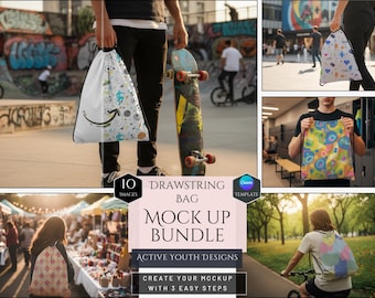 May include: A collection of drawstring bags with various designs, including sports-themed and abstract patterns. The bags are shown in different settings, such as a skate park and a market. The image also includes text that says "DRAWSTRING BAG MOCK UP BUNDLE".