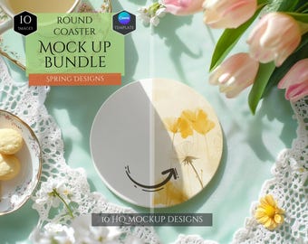 Round Coaster Mockup Bundle -Spring Season Mockups -10 Mockup Designs -Customizable Spring Decor -HQ Decoration Mockups -Canva Template