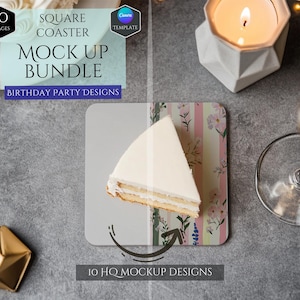 Square Coaster Mockup Bundle -10 Birthday Party Designs Mockup -Customizable Party Decor -HQ Birthday Decoration Mockups -Canva Template