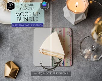 Square Coaster Mockup Bundle -10 Birthday Party Designs Mockup -Customizable Party Decor -HQ Birthday Decoration Mockups -Canva Template