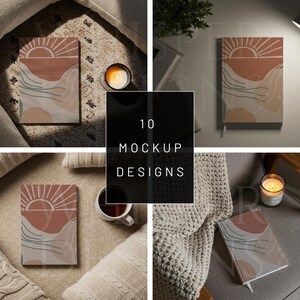 May include: Ten mockup designs featuring a notebook with a sunset and abstract wave design. The notebook is shown in various settings, including on a rug, a couch, and a table.