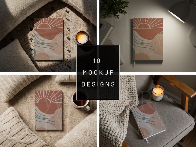 May include: Ten mockup designs featuring a notebook with a sunset and abstract wave design. The notebook is shown in various settings, including on a rug, a couch, and a table.