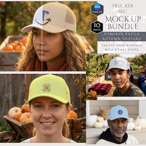 Può includere: Un pacchetto di marketing digitale con diversi mockup di cappellini trucker. Le immagini mostrano vari colori di cappellini, tra cui beige, bianco, giallo e azzurro, ognuno con design grafici unici, presentati in un contesto autunnale di zucche.