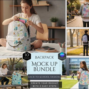 May include: A white backpack with a colorful pattern of soccer players and balls. The backpack is being opened by a person. The image also includes text that says "BACKPACK MOCK UP BUNDLE" and "BACK TO SCHOOL DESIGNS".