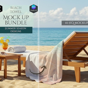 May include: A beach towel mockup bundle featuring 10 high-quality designs. The image shows a beach towel on a wooden lounger with a beach scene in the background.