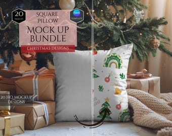May include: A square pillow mockup bundle featuring a split design. The left side is a solid light grey, while the right side displays a white background with a repeating Christmas pattern of green rainbows, pine trees, gold bells, and pink ornaments.
