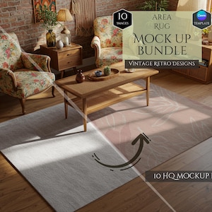 May include: An interior design mockup featuring a living room with two floral armchairs, a wooden coffee table, and two area rugs. The text on the image reads "AREA RUG MOCK UP BUNDLE VINTAGE RETRO DESIGNS".
