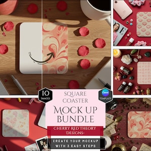 Square Coaster Mockup Bundle -10 Cherry Red Theory Designs -Customizable Coaster Decor -HQ Elegant Drink Coaster Mockups -Canva Template