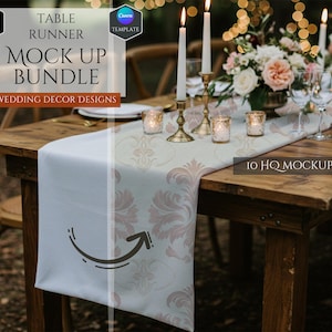 May include: A set of 10 high-quality mockups for a wedding table runner. The mockups feature a light blue table runner with a delicate floral pattern, placed on a rustic wooden table with candles and floral arrangements.