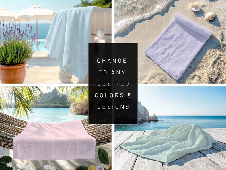 K&ouml;nnte beinhalten: Vier verschiedene Strandt&uuml;cher in verschiedenen Farben, darunter hellblau, wei&szlig;, rosa und hellgr&uuml;n. Die Handt&uuml;cher werden in verschiedenen Umgebungen gezeigt, darunter ein Strand, eine Terrasse und eine H&auml;ngematte. Der Text "CHANGE TO ANY DESIRED COLORS & DESIGNS" wird in der Mitte des Bildes angezeigt.