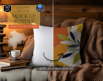 Square Pillow Mockup Bundle -Home Decor Mockups -10 Mockup Designs -Customizable Home Decor -HQ Mockups -Decoration Mockups -Canva Template