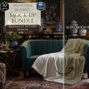May include: A mockup bundle of 10 high-quality images featuring a plush velvet blanket with a maximalist pattern design. The blanket is draped over a teal sofa in a luxurious living room setting.