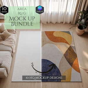 Puede incluir: Paquete de maquetas de 10 diseños de alfombras de área de alta calidad. La imagen muestra una alfombra blanca con un patrón geométrico en tonos de marrón, beige y azul. La alfombra se coloca en un ambiente de sala de estar con un sofá y una planta.