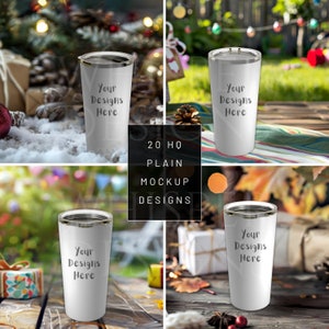 May include: Four white stainless steel tumblers with a silver lid. Each tumbler has the text "Your Designs Here" printed on the side. The tumblers are photographed against a variety of backgrounds, including a snowy forest, a picnic blanket, and a wooden table with fall foliage.