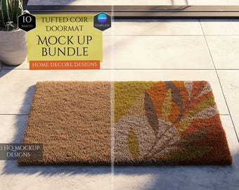 May include: A rectangular tufted coir doormat mockup bundle featuring 10 HQ designs. The left side shows a plain brown texture, while the right side displays a botanical leaf pattern in shades of orange, olive green, and beige on a light surface.
