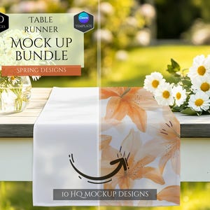 May include: Mockup template for a table runner with a floral design. The runner is white with a pattern of orange lilies. The image shows 10 high-quality mockup designs.