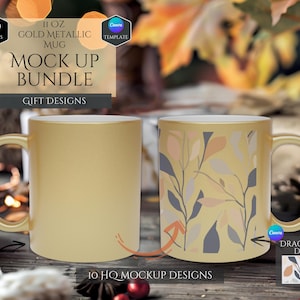 May include: Mockup bundle of 10 gold metallic 11 oz mugs with various designs. The mugs are shown on a wooden table with fall foliage in the background. The text "10 HQ MOCKUP DESIGNS" is at the bottom of the image.
