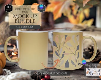 11 Oz Gold Metallic Mug Mockup Bundle -Gift Design Mockups- 10 HQ Designs -Canva Drag and Drop Mockup -Canva Template -Metallic Mug Mockup